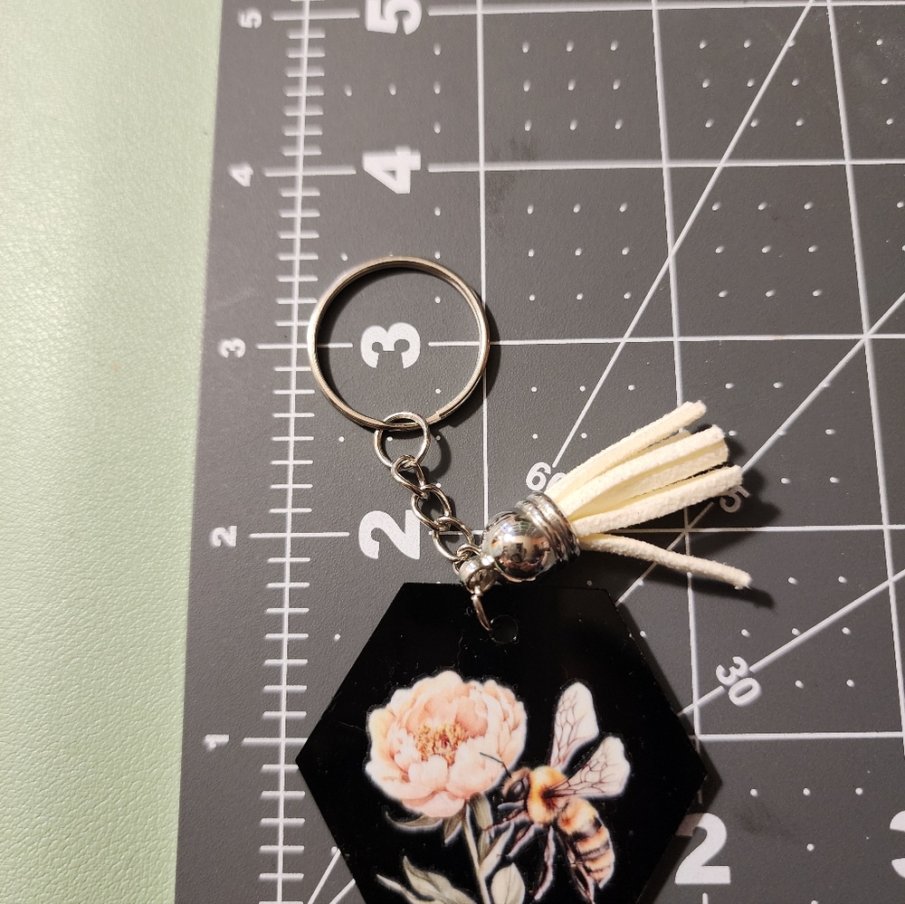 Floral Hexagon Keychain with Tassel